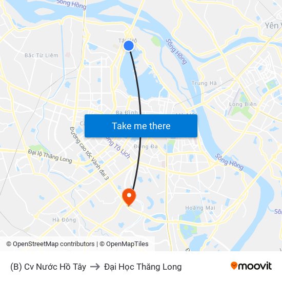 (B) Cv Nước Hồ Tây to Đại Học Thăng Long map