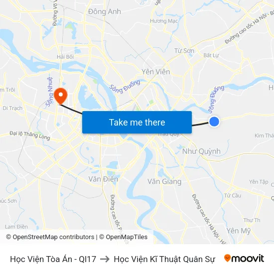 Học Viện Tòa Án - Ql17 to Học Viện Kĩ Thuật Quân Sự map