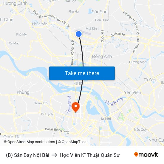 (B) Sân Bay Nội Bài to Học Viện Kĩ Thuật Quân Sự map