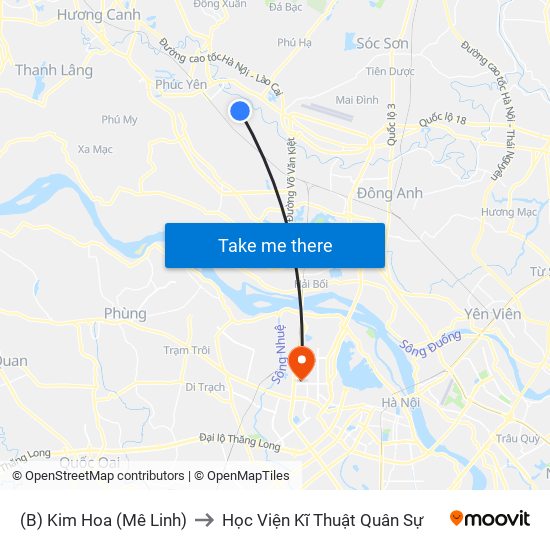 (B) Kim Hoa (Mê Linh) to Học Viện Kĩ Thuật Quân Sự map