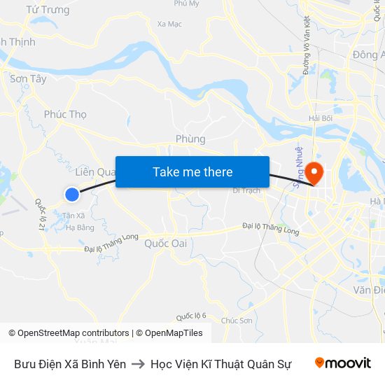 Bưu Điện Xã Bình Yên to Học Viện Kĩ Thuật Quân Sự map