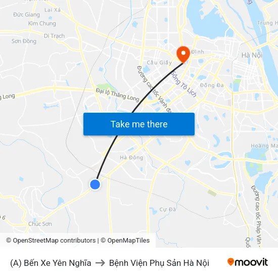 (A) Bến Xe Yên Nghĩa to Bệnh Viện Phụ Sản Hà Nội map