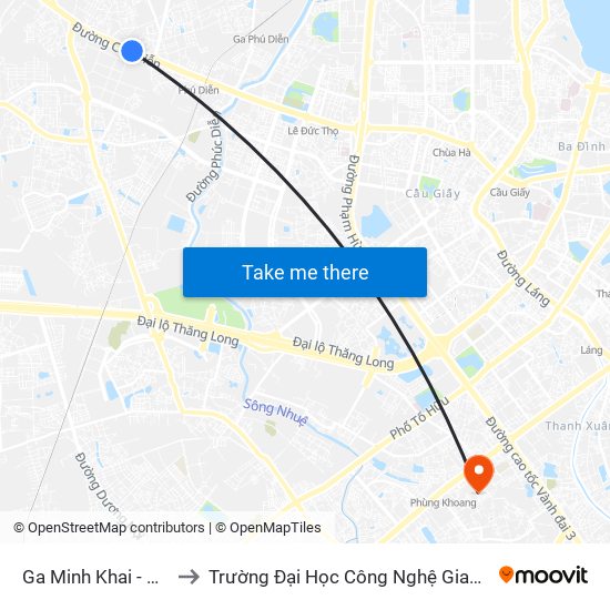 Ga Minh Khai - Đường 32 to Trường Đại Học Công Nghệ Giao Thông Vận Tải map