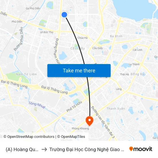 (A) Hoàng Quốc Việt to Trường Đại Học Công Nghệ Giao Thông Vận Tải map