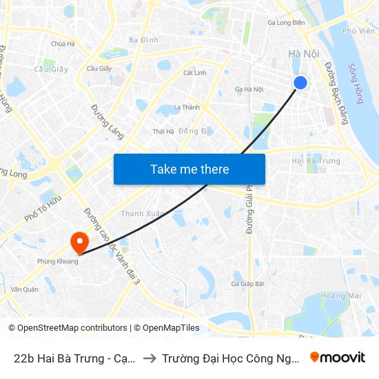 22b Hai Bà Trưng - Cạnh Tràng Tiền Plaza to Trường Đại Học Công Nghệ Giao Thông Vận Tải map