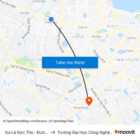 Ga Lê Đức Thọ - Đường Hồ Tùng Mậu to Trường Đại Học Công Nghệ Giao Thông Vận Tải map