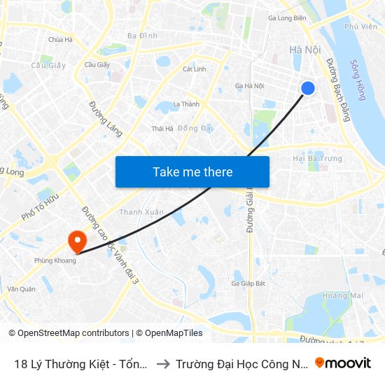 18 Lý Thường Kiệt - Tổng Công Ty Du Lịch Hà Nội to Trường Đại Học Công Nghệ Giao Thông Vận Tải map