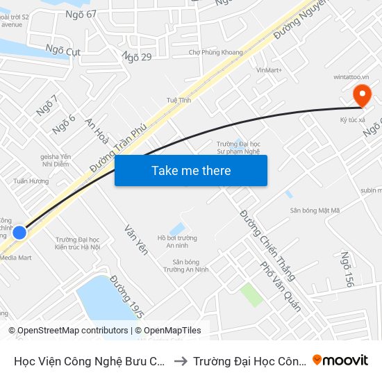 Học Viện Công Nghệ Bưu Chính Viễn Thông - Trần Phú (Hà Đông) to Trường Đại Học Công Nghệ Giao Thông Vận Tải map