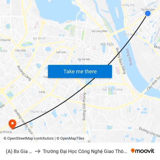 (A) Bx Gia Lâm to Trường Đại Học Công Nghệ Giao Thông Vận Tải map