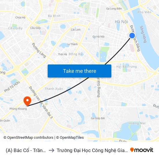 (A) Bác Cổ - Trần Khánh Dư to Trường Đại Học Công Nghệ Giao Thông Vận Tải map