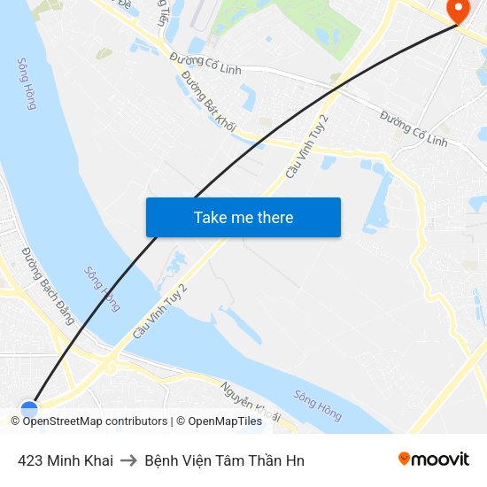 423 Minh Khai to Bệnh Viện Tâm Thần Hn map