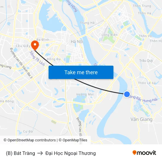 (B) Bát Tràng to Đại Học Ngoại Thương map