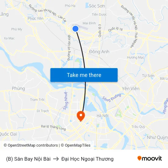 (B) Sân Bay Nội Bài to Đại Học Ngoại Thương map
