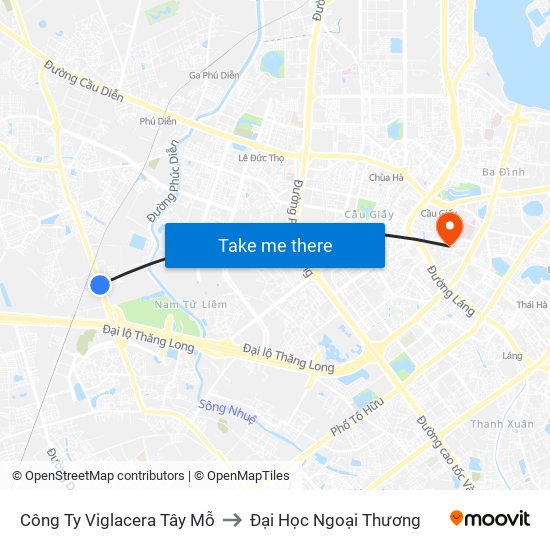 Công Ty Viglacera Tây Mỗ to Đại Học Ngoại Thương map