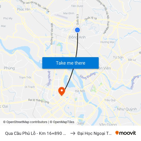 Qua Cầu Phủ Lỗ - Km 16+890 Quốc Lộ 3 to Đại Học Ngoại Thương map