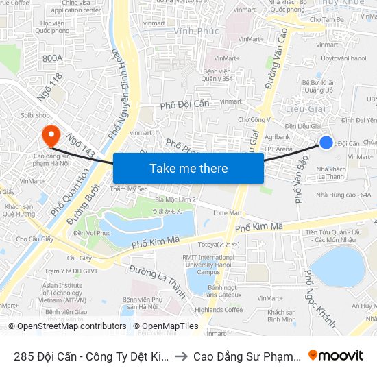 285 Đội Cấn - Công Ty Dệt Kim Hà Nội to Cao Đẳng Sư Phạm Hà Nội map