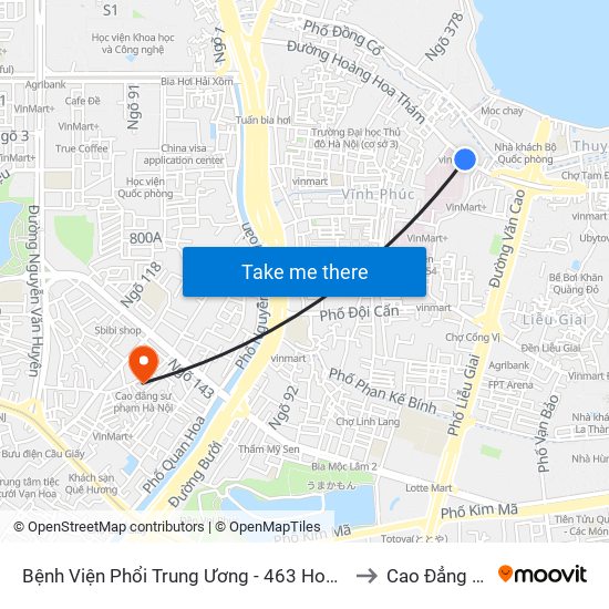 Bệnh Viện Phổi Trung Ương - 463 Hoàng Hoa Thám (Đối Diện 410 Hoàng Hoa Thám) to Cao Đẳng Sư Phạm Hà Nội map