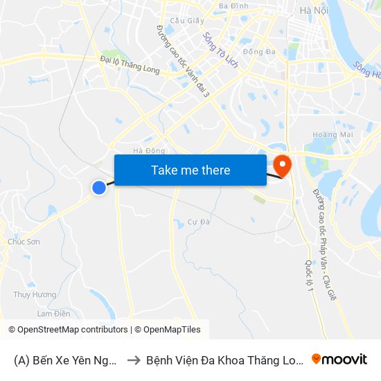 (A) Bến Xe Yên Nghĩa to Bệnh Viện Đa Khoa Thăng Long map