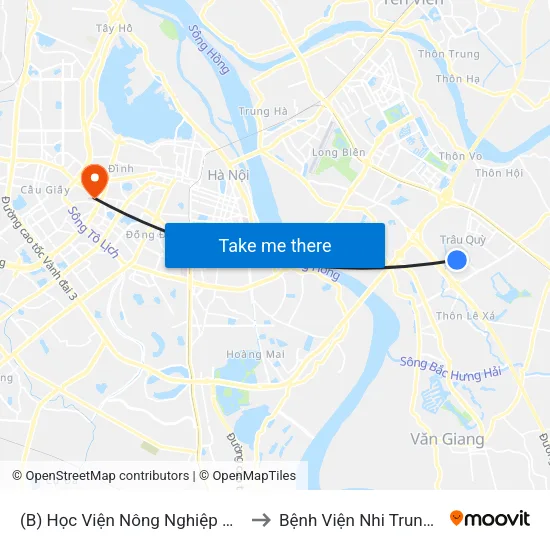 (B) Học Viện Nông Nghiệp Việt Nam to Bệnh Viện Nhi Trung Ương map