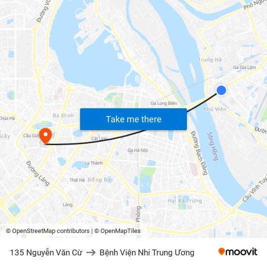 135 Nguyễn Văn Cừ to Bệnh Viện Nhi Trung Ương map