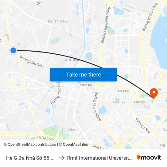 Hè Giữa Nhà Số 55-57 Phố Nhổn to Rmit International University Hanoi Campus map