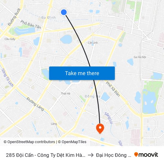 285 Đội Cấn - Công Ty Dệt Kim Hà Nội to Đại Học Đông Đô map