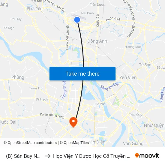 (B) Sân Bay Nội Bài to Học Viện Y Dược Học Cổ Truyền Việt Nam map