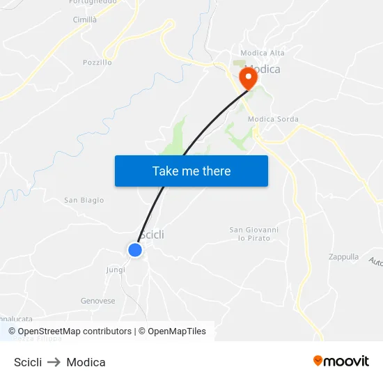 Scicli to Modica map