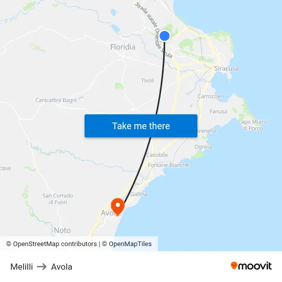 Melilli to Avola map