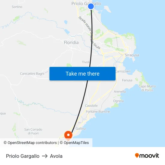 Priolo Gargallo to Avola map