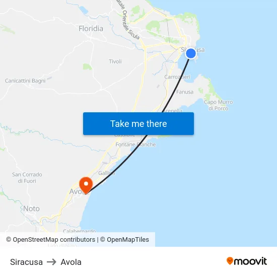 Siracusa to Avola map