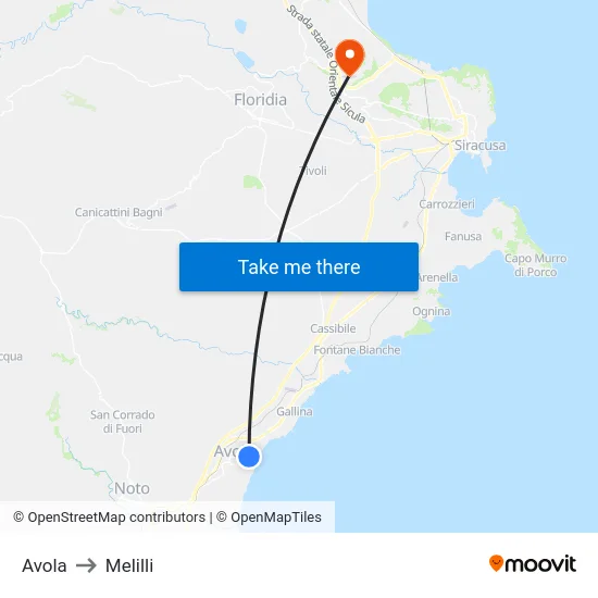 Avola to Melilli map