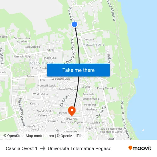 West Cassia 1 to Pegaso Telematic University map