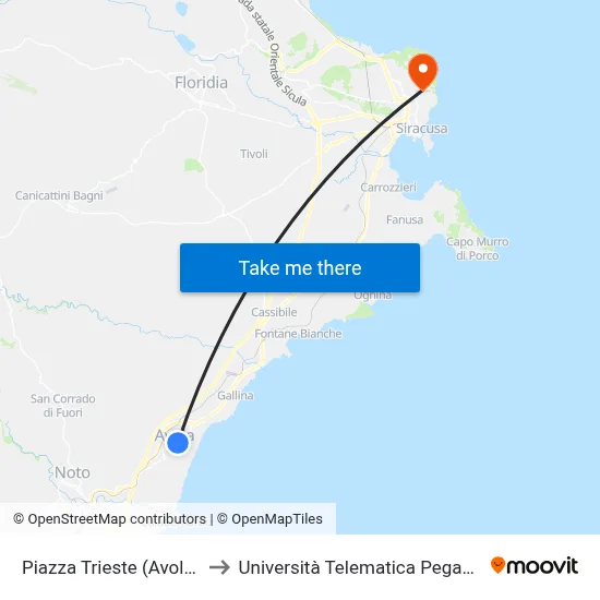 Trieste Square (Avola) to Pegaso Telematic University map