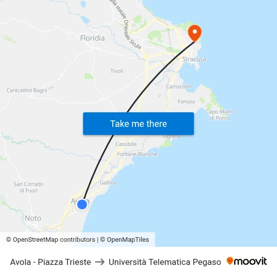 Avola - Trieste Square to Pegaso Telematic University map