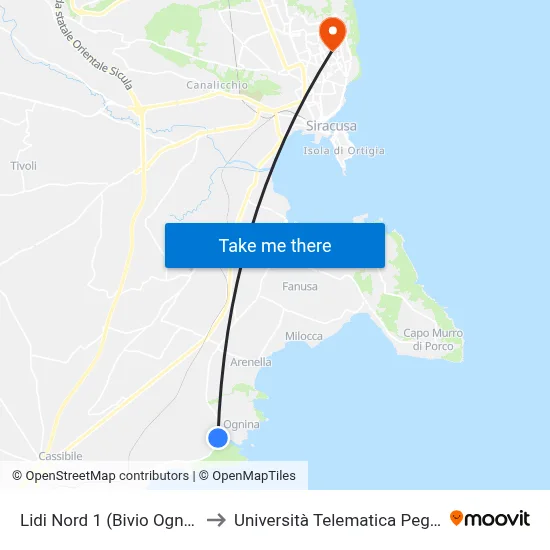 North Lidi 1 (Ognina Junction) to Pegaso Telematic University map