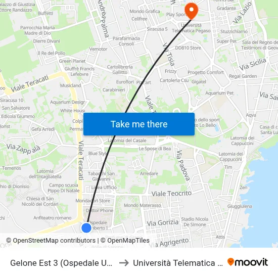 Gelone East 3 (Umberto I Hospital) to Pegaso Telematic University map