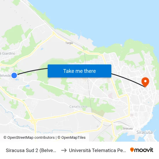 South Siracusa 2 (Belvedere) to Pegaso Telematic University map