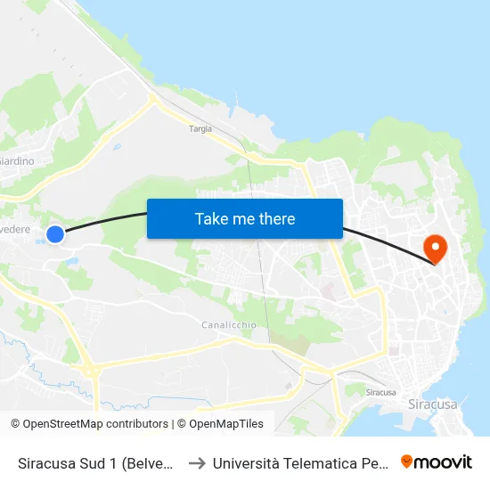 South Siracusa 1 (Belvedere) to Pegaso Telematic University map