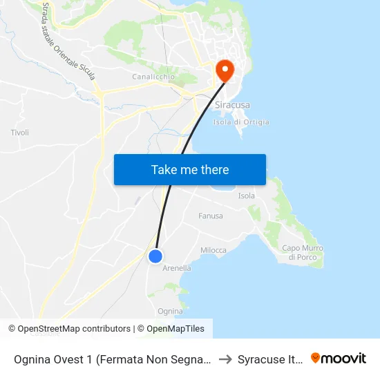 Ognina West 1 (Unmarked Stop) to Syracuse, Italy map
