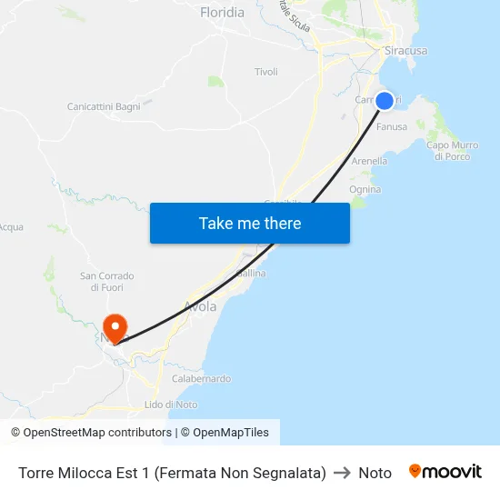Torre Milocca East 1 (Unmarked Stop) to Noto map