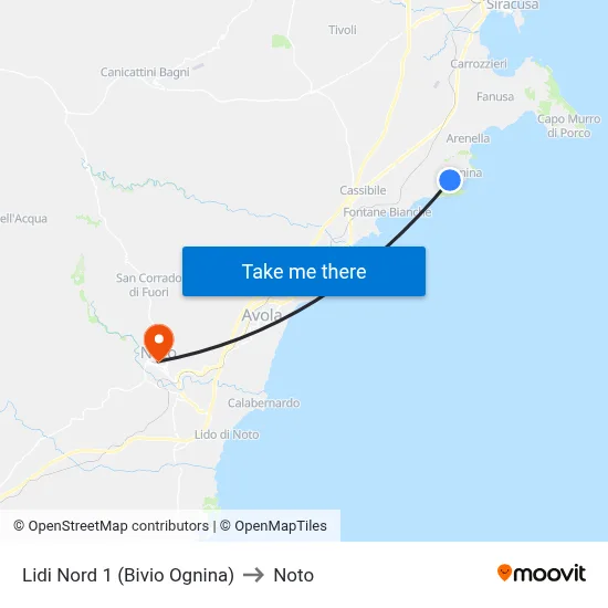 North Lidi 1 (Ognina Junction) to Noto map