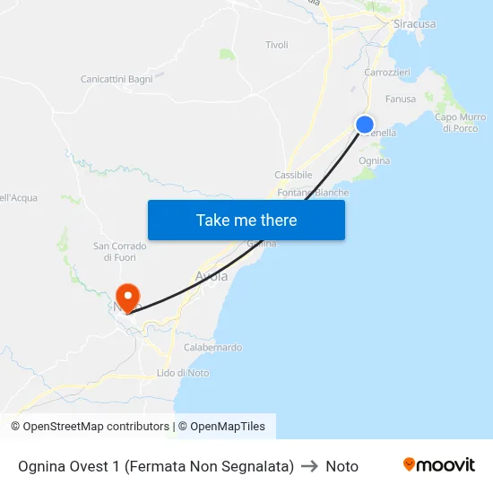 Ognina West 1 (Unmarked Stop) to Noto map