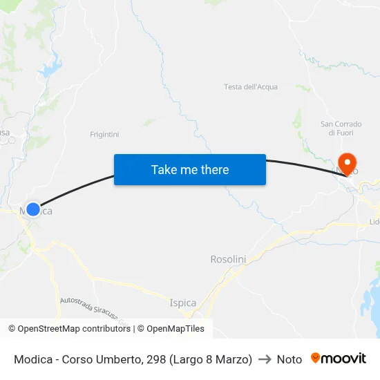 Modica - Umberto Avenue, 298 (8 March Square) to Noto map