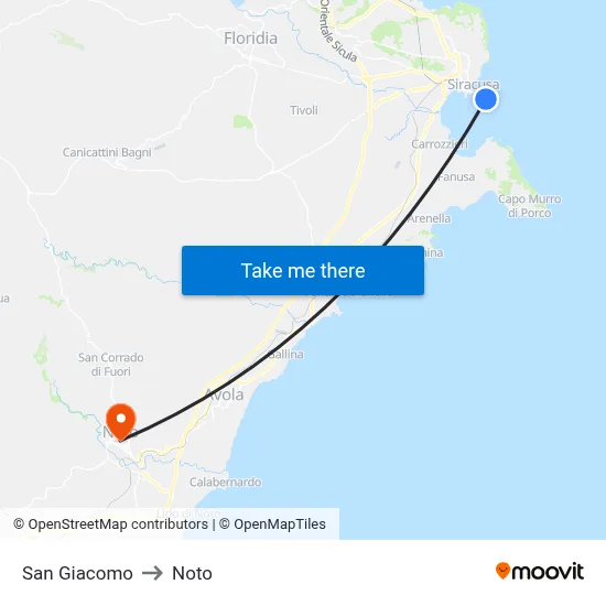 San Giacomo to Noto map