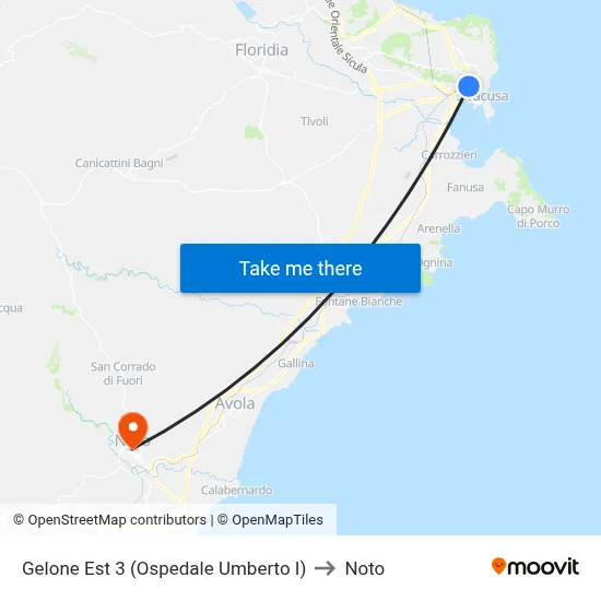 Gelone East 3 (Umberto I Hospital) to Noto map