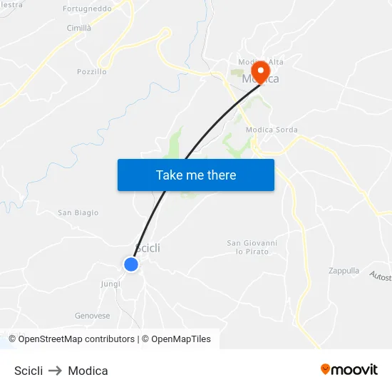 Scicli to Modica map