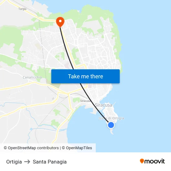 Ortigia to Santa Panagia map