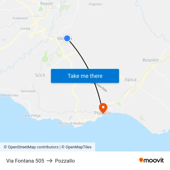 Via Fontana 505 to Pozzallo map