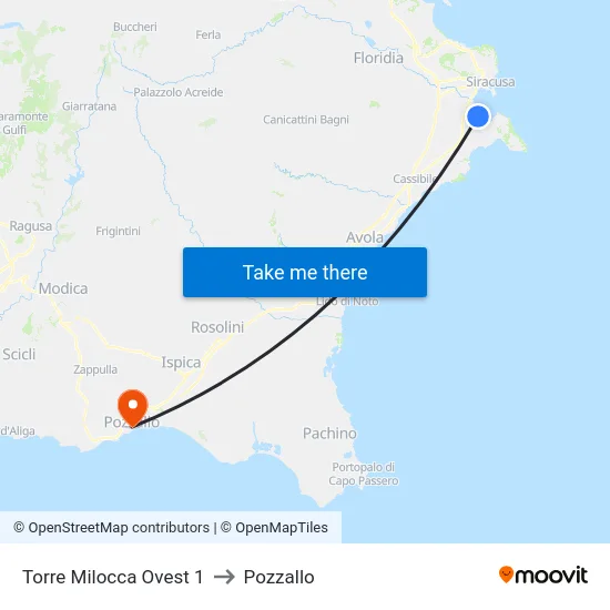 Torre Milocca Ovest 1 to Pozzallo map
